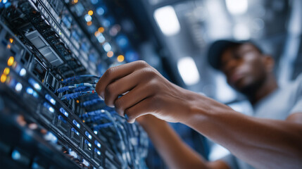 Close-up of hands connecting cables and adjusting components inside a high-performance data server in a futuristic IT lab IT technician, hardware maintenance, server components, hi
