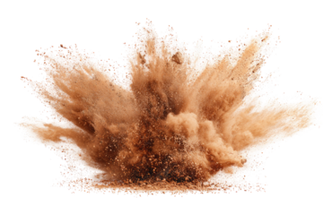 A dramatic explosion of light brown powder, radiating outward in a symmetrical burst