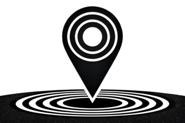 Photo of black and white concentric circles location pin icon on textured ground isolated on transparent background