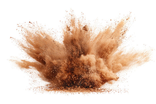 A dramatic explosion of light brown powder, radiating outward in a symmetrical burst