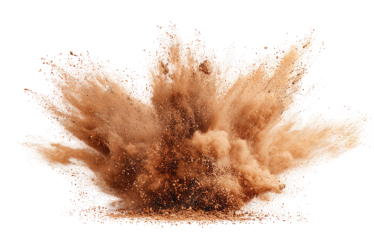 A dramatic explosion of light brown powder, radiating outward in a symmetrical burst