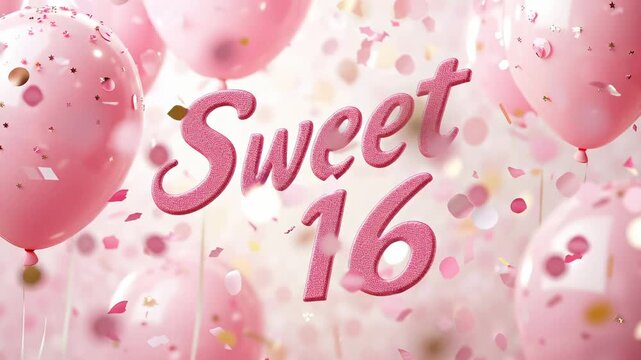 Sweet 16 text on pink balloons and confetti on festive background	
