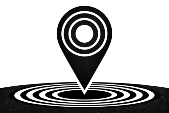 Photo of black and white concentric circles location pin icon on textured ground isolated on transparent background