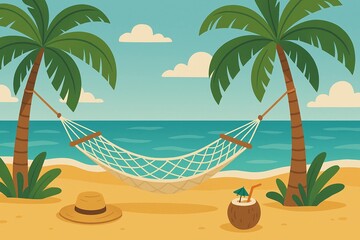 Tropical Beach Hammock Escape.Hammock between palm trees on a tropical beach with straw hat and coconut drink, calm ocean and blue sky—perfect scene of relaxation and summer vacation.