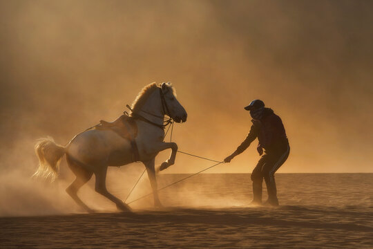 Side view of a man training a horse, East Java, Indonesia