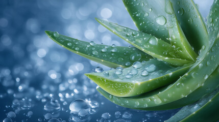Transparent aloe vera gel oozing from a cut leaf, surrounded by dewdrops on a reflective surface, representing natural healing and skin wellness natural skincare, aloe close-up, fr