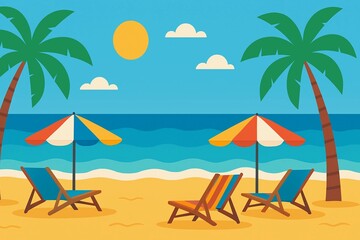 Obraz premium Tropical Beach Scene with Palm Trees and Sun Loungers.Vibrant tropical beach with palm trees, sun loungers, and umbrellas under a bright sun—perfect for summer, vacation, and outdoor relaxation themes