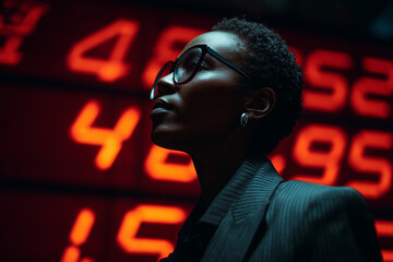 Student using AI artificial intelligence technology & machine learning. Black financial data analyst analysing stock market graph trends. AI in trading. Interactive technology. Smart tech innovation	