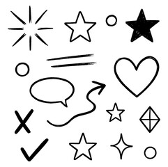 Collection of assorted hand drawn doodle elements on a plain white surface