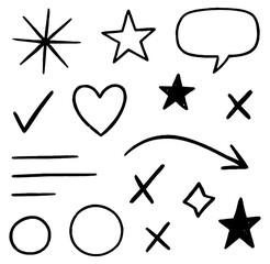 Collection of hand drawn doodle elements including stars hearts and arrows