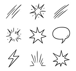 Collection of nine hand drawn comic style elements on a clean white canvas view