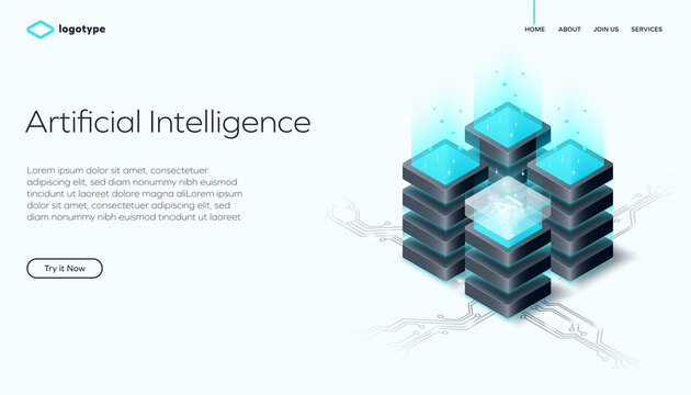 Artificial Intelligence-themed website landing page. The design features a bold headline, descriptive text, call-to-action button, accompanied by a futuristic isometric illustration of data servers