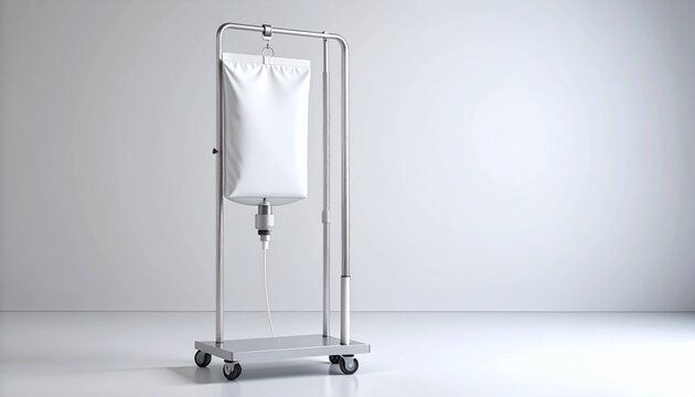 Medical intravenous drip bag on a stand for infusion therapy. Sterile hospital equipment on a clean white background.