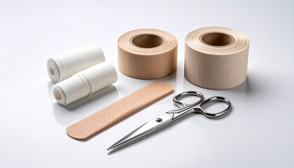 Essential medical supplies for first aid and wound care, including adhesive tape, bandages, and scissors on a white surface.