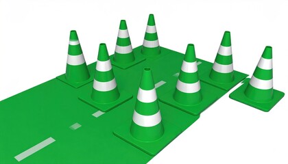 Green traffic cones on a road