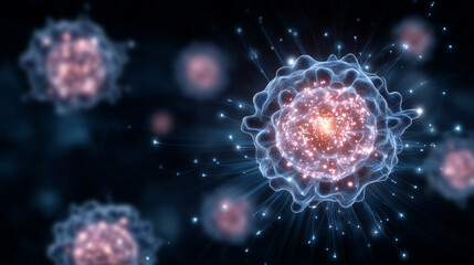 Futuristic medical concept showing immune cells using targeted receptors to identify and destroy mutated cancer cells, with data overlays and neural pathways cancer immunity, immun