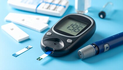 Digital glucometer displaying a high blood sugar level of 196 mg/dl. Concept of diabetes management, hyperglycemia, and health monitoring.