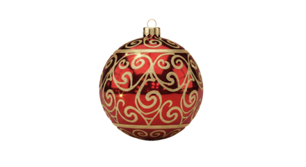 Festive Red Christmas Ornament with Gold Swirls on Transparent Background