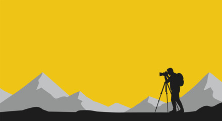 Mountain Photographer Silhouette Vector – Backpacking Explorer with Tripod Under Golden Sky for World Photography Day and Nature Themes