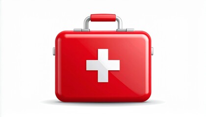 Obraz premium Red first aid kit box with a white medical cross symbol. Emergency healthcare case for safety, isolated on a white background.