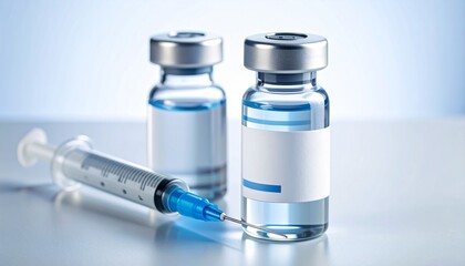 Glass vials containing a clear liquid vaccine and a syringe ready for injection. Concept for medical immunization and healthcare.