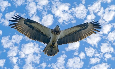 Obraz premium Majestic eagle soaring high in the blue sky with wings fully spread