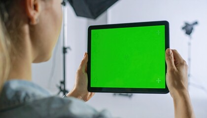 Woman holding tablet with green screen