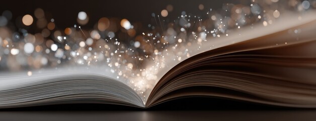 Open book radiates wisdom as light beams flow in a dark, elegant atmosphere, revealing a world of knowledge and imagination