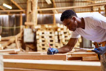 Professional African male carpenter is working professionally in sawmill - workshop.
