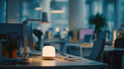 Medium shot of a modern shared workspace showing a circadian rhythm lamp syncing to a users biological clock main lamp and desk sharply detailed rest of the office softly blurred