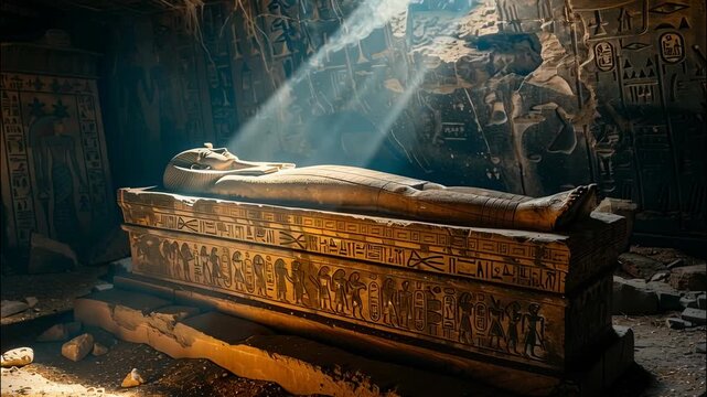 Ancient Egyptian sarcophagus inside cave, old tomb of pharaoh with natural day lighting, concept of Egypt, mummy, grave, archeology
