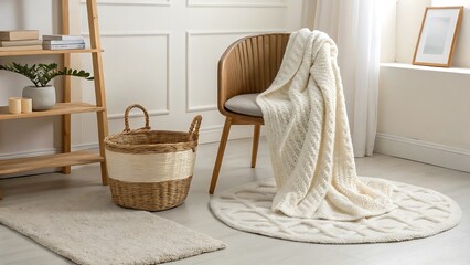 Obraz premium Cozy living room scene with a plush white blanket draped over a wicker chair and a woven basket