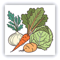 A hand-painted watercolor illustration, isolated on a white background, showcases a collection of vegetables including broccoli, tomato, carrot, pepper, asparagus, garlic, zucchini, corn, and green