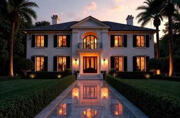 elegant mansion at sunset with warm lights glowing from windows. palm trees and manicured hedges frame stone pathway. luxury lifestyle, real estate, architectural design brochure.