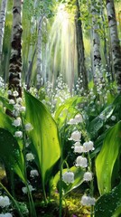 Fototapeta premium Sunlight streams through birch trees, illuminating lily-of-the-valley