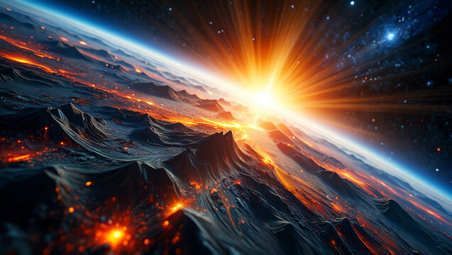 Epic celestial sunrise over a dramatic exoplanet, with molten terrain glowing under a starburst in the vastness of space.