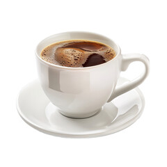 Fototapeta premium White ceramic coffee cup filled with dark, frothy coffee, on a saucer