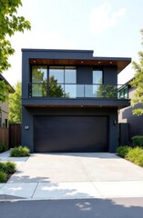modern two-story house with sleek black facade and large windows surrounded by lush greenery and paved driveway. contemporary architecture, home design inspiration, real estate listing.
