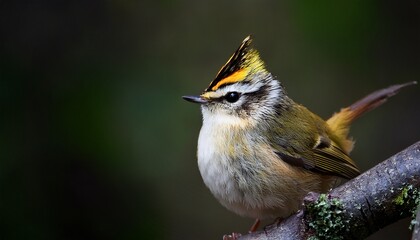 Fototapeta premium firecrest regulus ignicapilla with the yellow crest sitting on the branch in the dark forest with the beautiful colorful background beautiful simple ai generated image