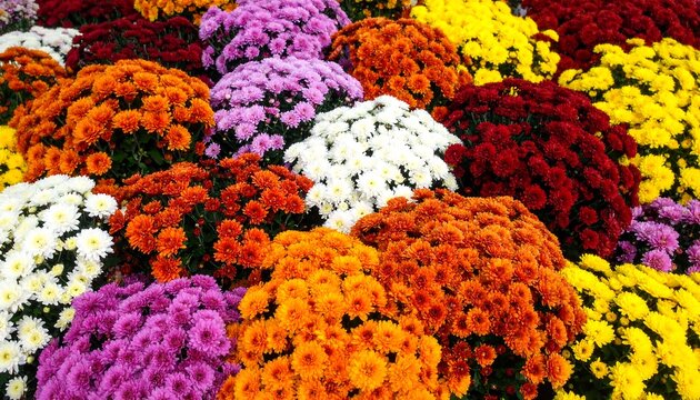 Vibrant chrysanthemum flowers blooming in a variety of colors in an autumn garden