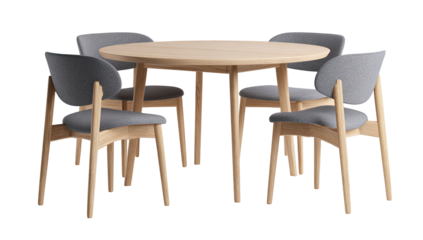 Round light-colored wood dining table with four matching chairs.  Gray upholstered seats