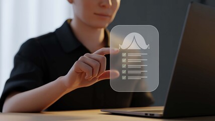 Streamlined workflow with digital checklist for project management success, woman interacting with a virtual to-do list on a laptop, emphasizing efficiency and organization in modern business
