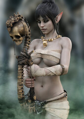 Female elf necromancer holding a staff topped with a human skull. Pointed ears, pale skin wrapped in bandages. A poison mist appears from her extraordinary power.