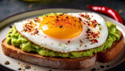 delicious avocado toast topped with fried eggs cherry tomatoes and fresh herbs for a healthy breakfast