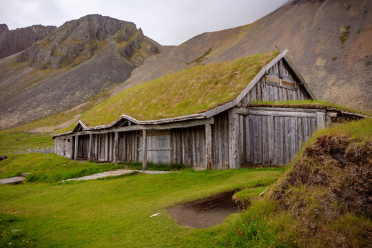 Traditional timber house with a grass roof in the Viking Village, Vestrahorn, Stokksnes Peninsula, Iceland