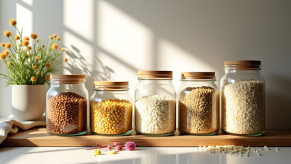 Harmonious Still Life, Glass Jars Filled with Colorful Ingredients Bathed in Soft Sunlight Creating a Warm and Inviting Atmosphere