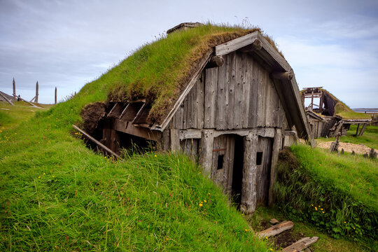 Traditional timber house with a grass roof in the Viking Village, Vestrahorn, Stokksnes Peninsula, Iceland