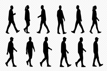A collection of black silhouettes of men and women walking in profile view on a transparent background.