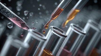 Close-up view of colorful liquid being dropped into test tubes