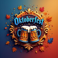 Decorative Oktoberfest Logo with Beer Stein, Golden Stars, and Forest-Themed Hop Wreath – Authentic German Look – Generative AI